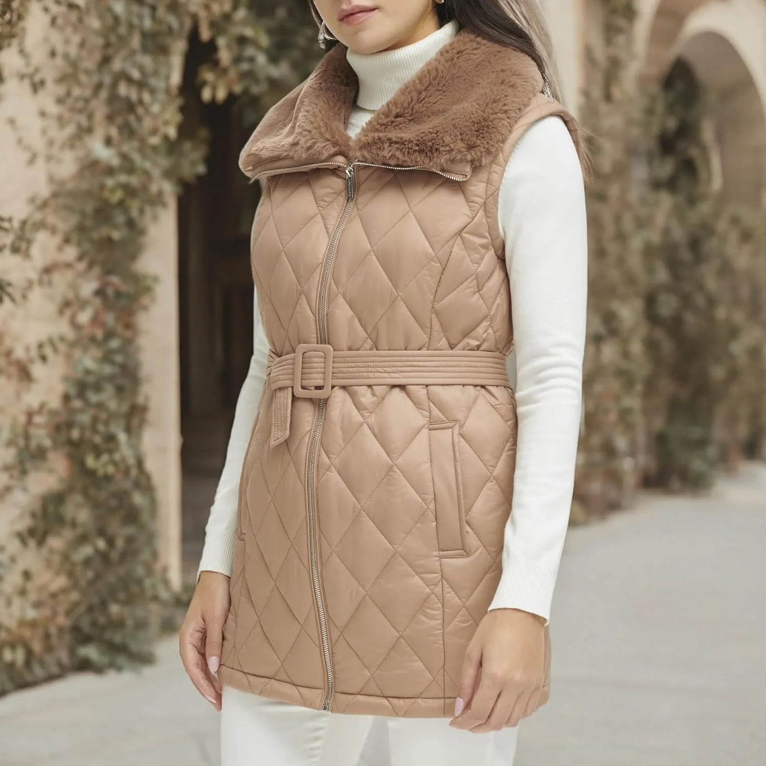 Calvin Klein Women's Quilted with Fur Collar Vest