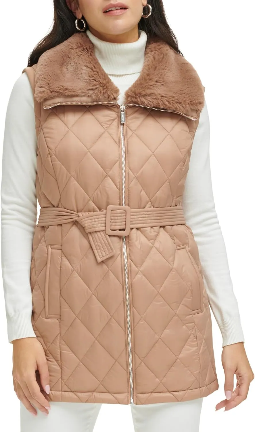 Calvin Klein Women's Quilted with Fur Collar Vest