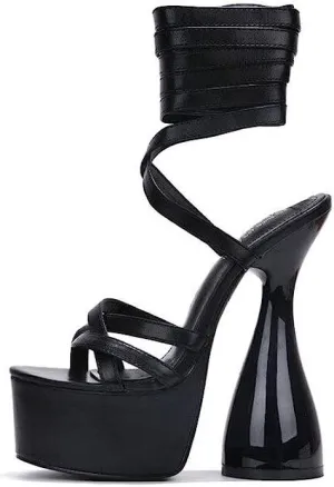 Cape Robbin JULEE Black Super High Heel Platform Strappy Cone Heeled Sandal Pump