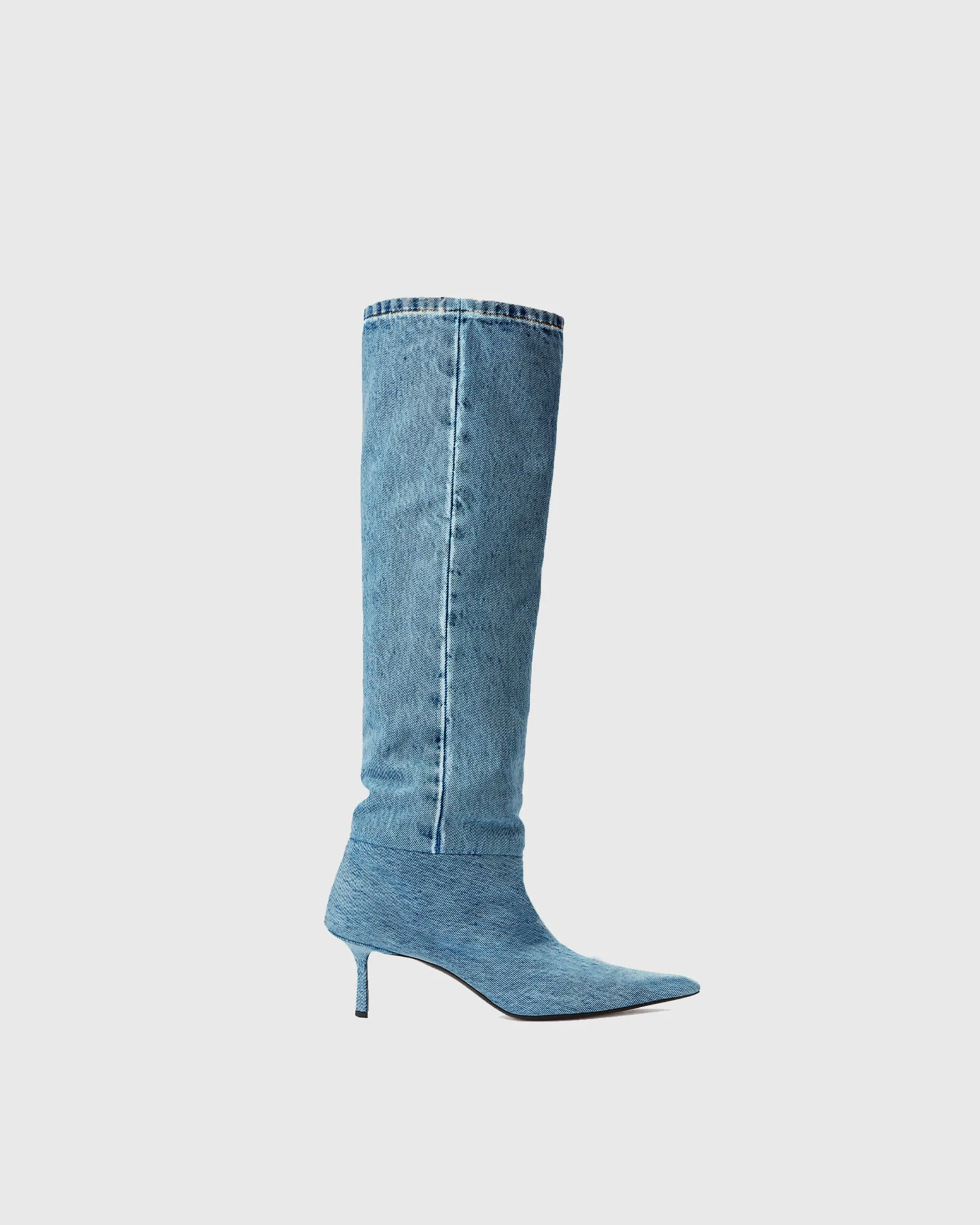 Delia Ruched Denim Cowboy Knee High Boots
