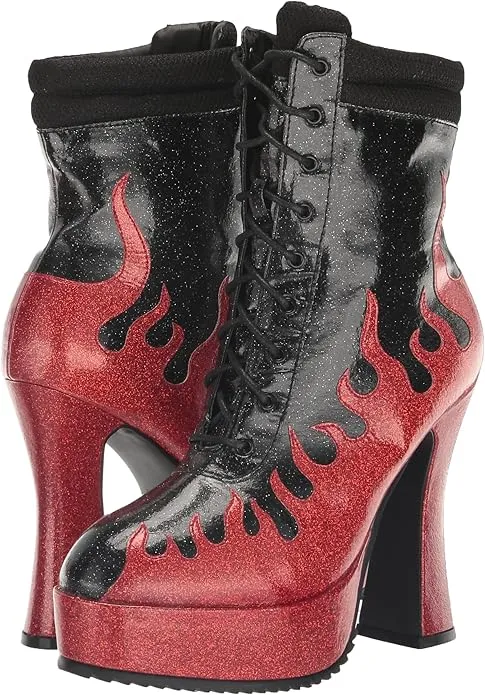 Fire-557 Flame Design Lace-Up Chunky Heel Boots