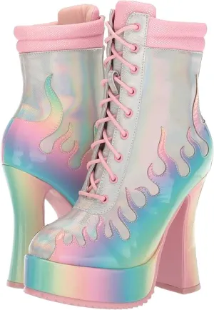 Fire-557 Flame Design Lace-Up Chunky Heel Boots