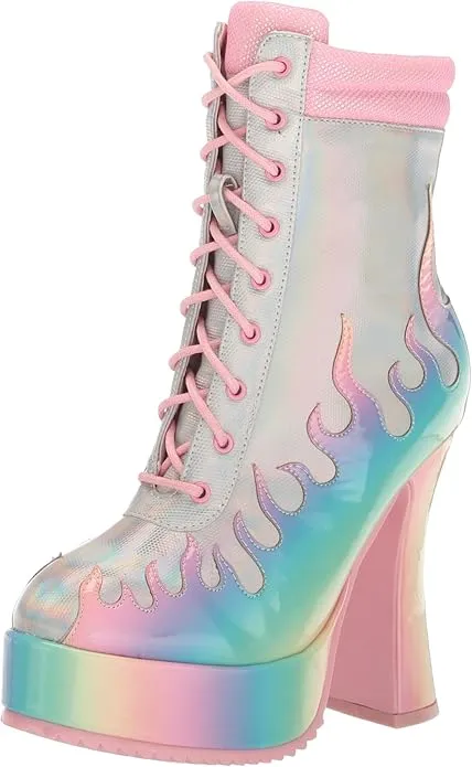Fire-557 Flame Design Lace-Up Chunky Heel Boots