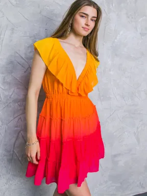 Flying Tomato Flutter Sleeve V-Neck Tiered Ombre Dress - Brands We Love