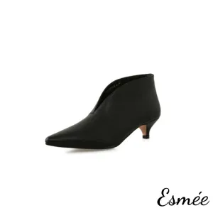Leather Ankle Boots with V-Cut Design and Kitten Heels