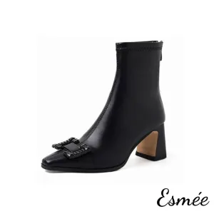Leather High Heel Ankle Boots with Buckle Design