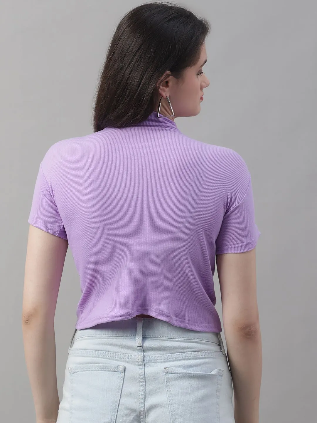 Lilac Cotton Turtle-Neck Half-Sleeve Crop Top