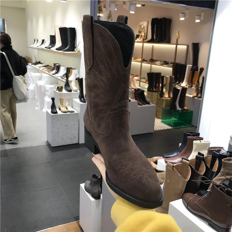 LUXE SEVEN DESIGN MID CALF WESTERN BOOTS