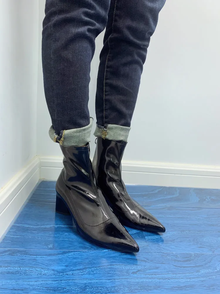 LUXE SEVEN DESIGN ZIP BACK ANKLE BOOTS IN BLACK PATENT