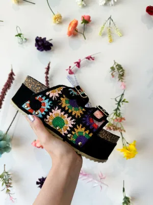 Platform Boho Crochet Sandals- Black