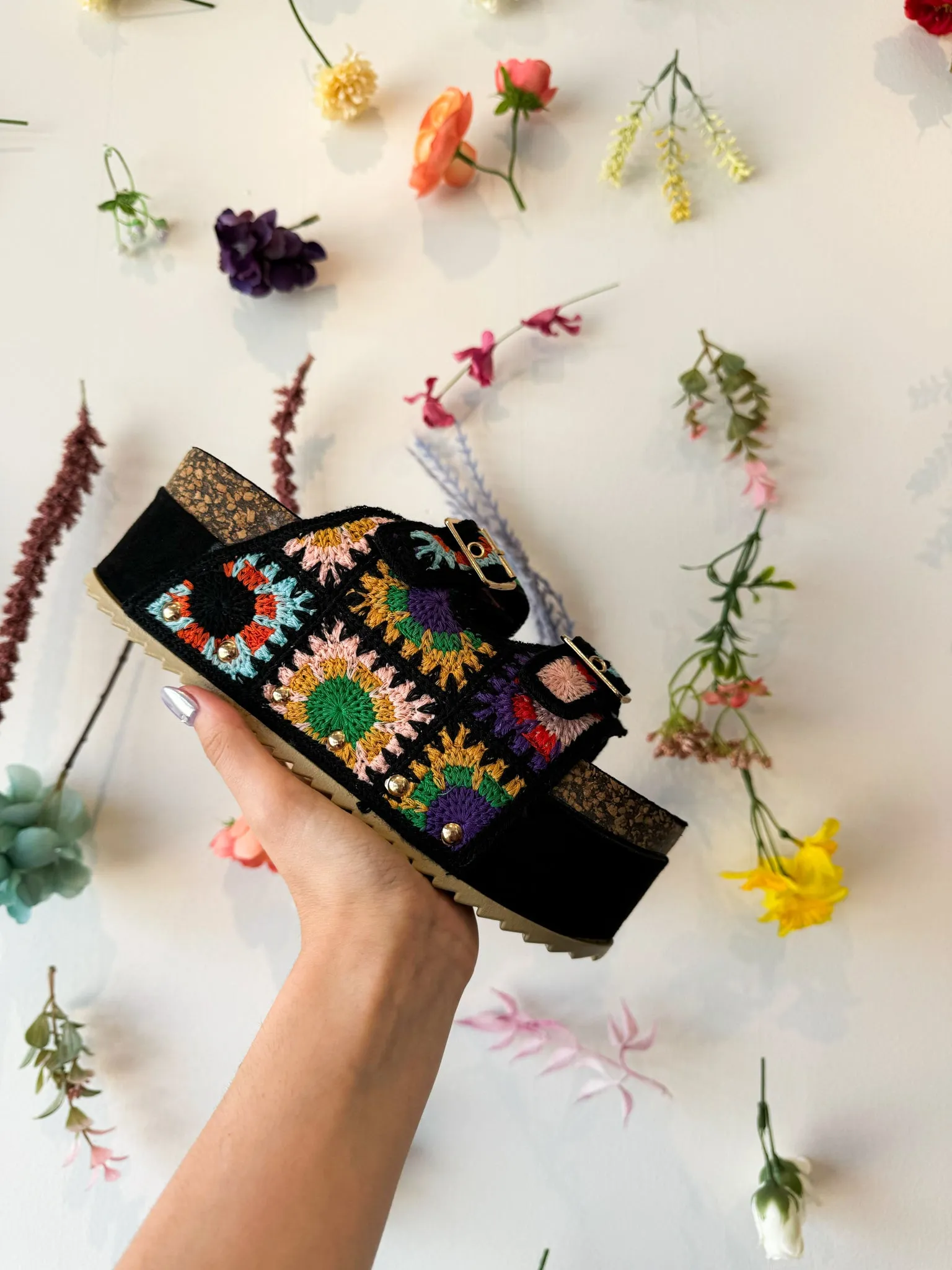 Platform Boho Crochet Sandals- Black
