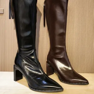 Pointed toe studded detail long boots