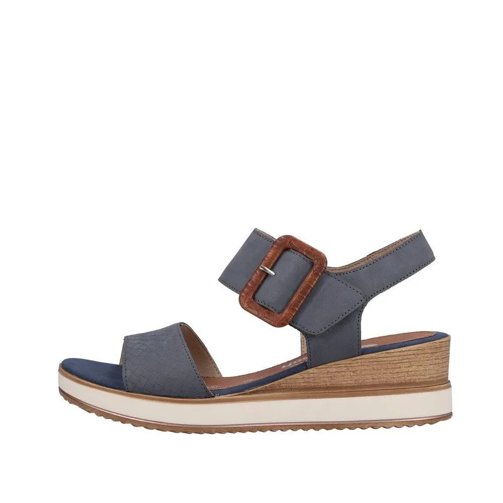 Remonte Blue Jean Suede Leather Criss Cross Strap & Wooden Buckle Open Toe Wedge Sandal