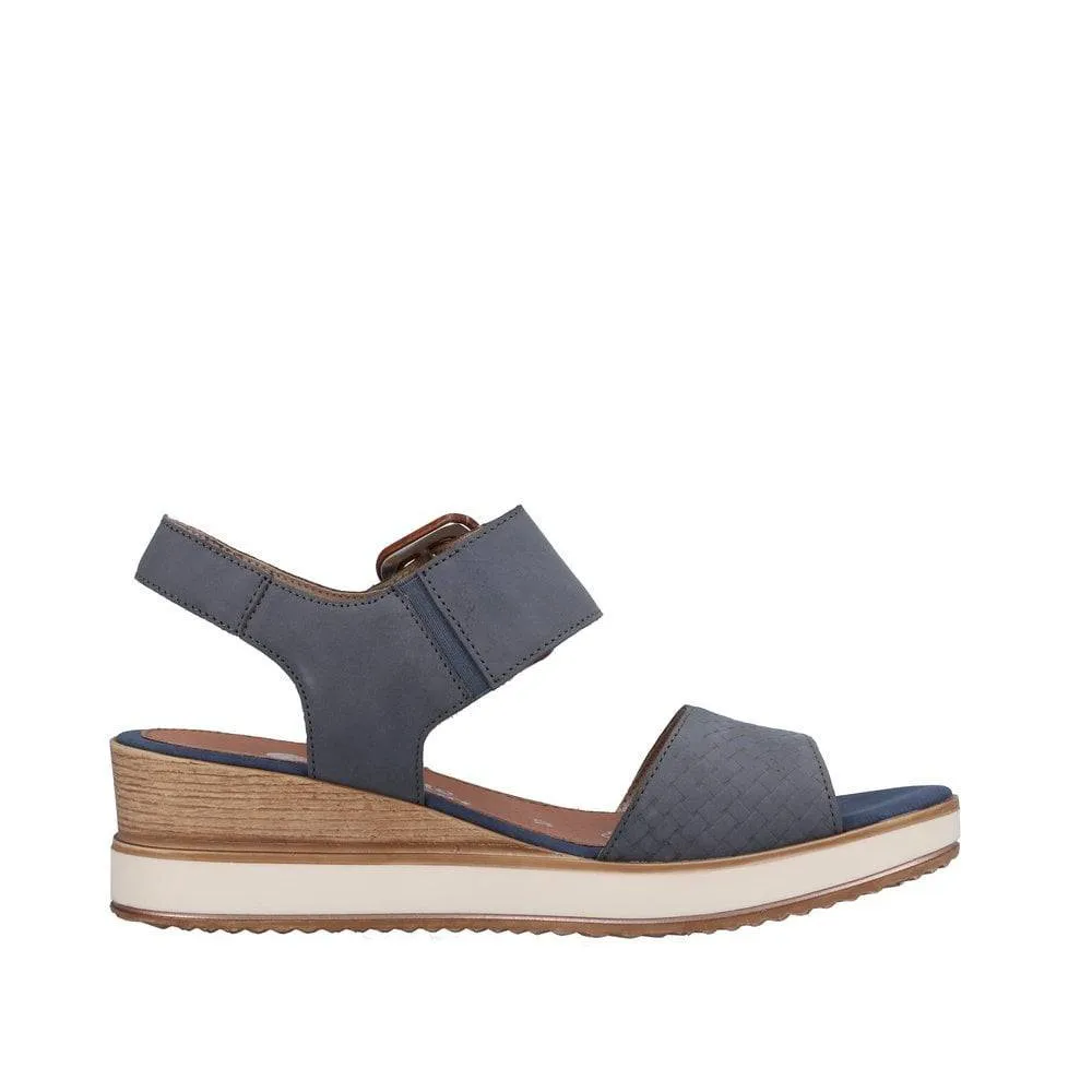 Remonte Blue Jean Suede Leather Criss Cross Strap & Wooden Buckle Open Toe Wedge Sandal