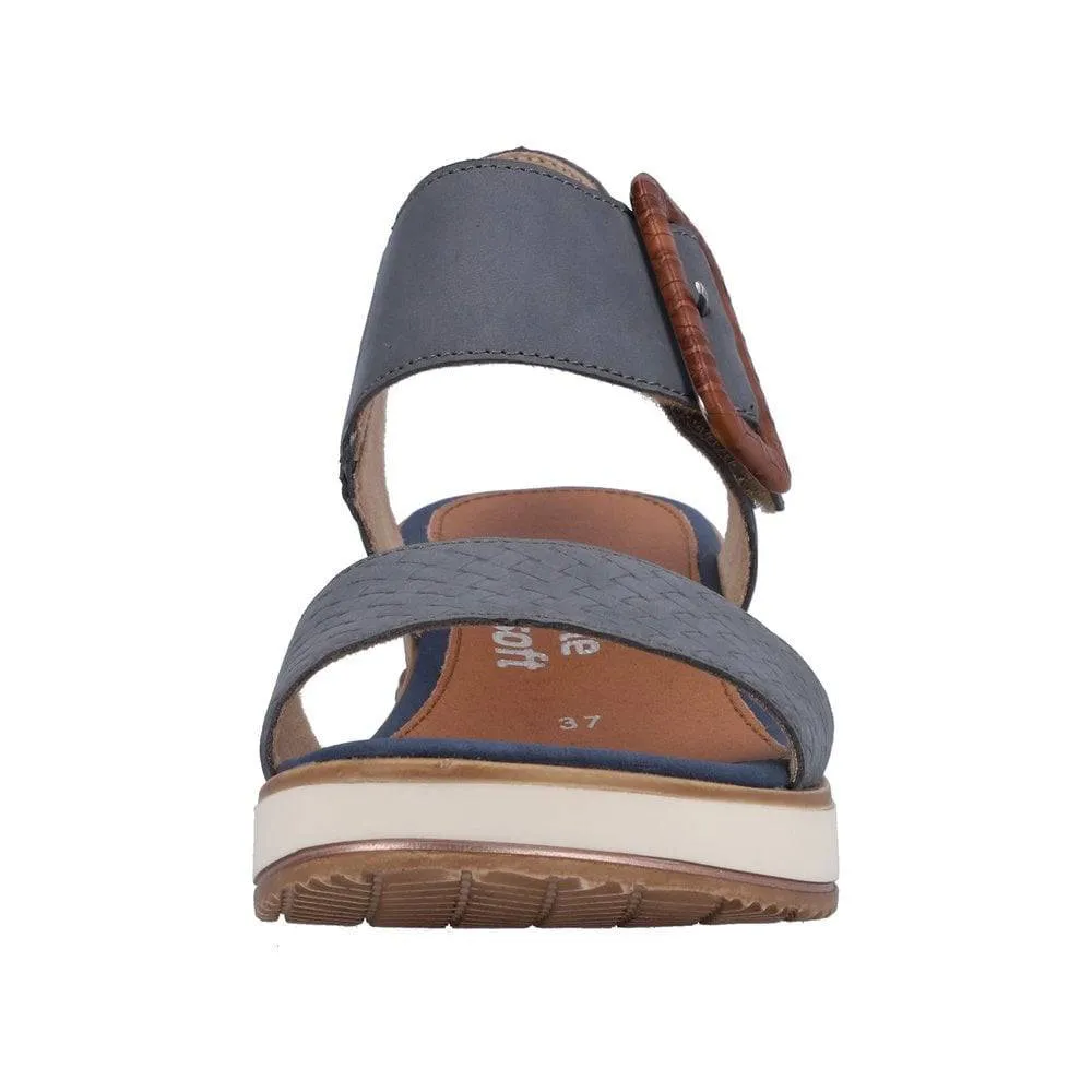 Remonte Blue Jean Suede Leather Criss Cross Strap & Wooden Buckle Open Toe Wedge Sandal