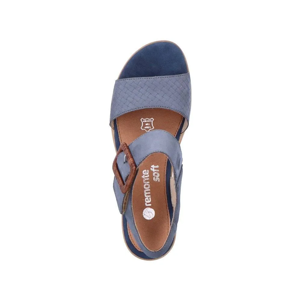 Remonte Blue Jean Suede Leather Criss Cross Strap & Wooden Buckle Open Toe Wedge Sandal
