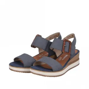 Remonte Blue Jean Suede Leather Criss Cross Strap & Wooden Buckle Open Toe Wedge Sandal