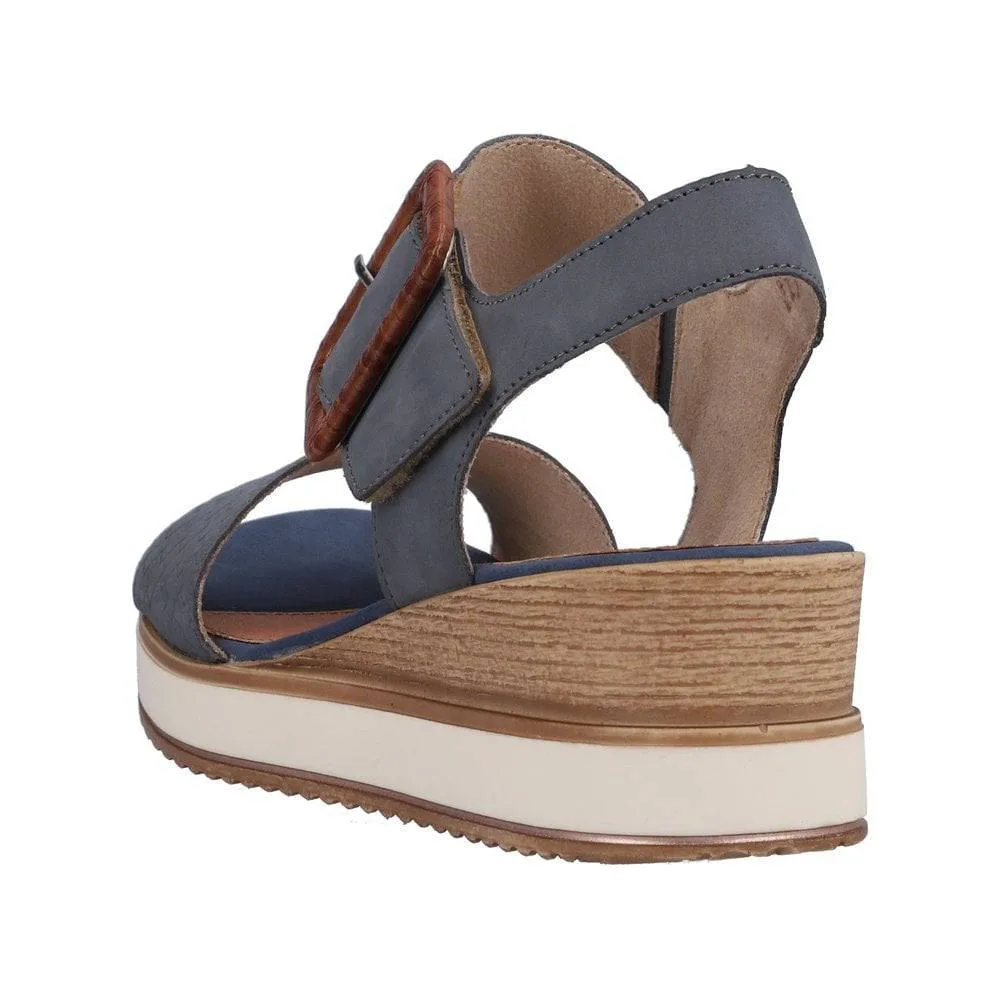 Remonte Blue Jean Suede Leather Criss Cross Strap & Wooden Buckle Open Toe Wedge Sandal