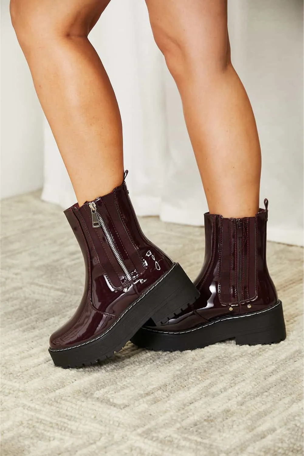 Side Zip Platform Boots In Wine