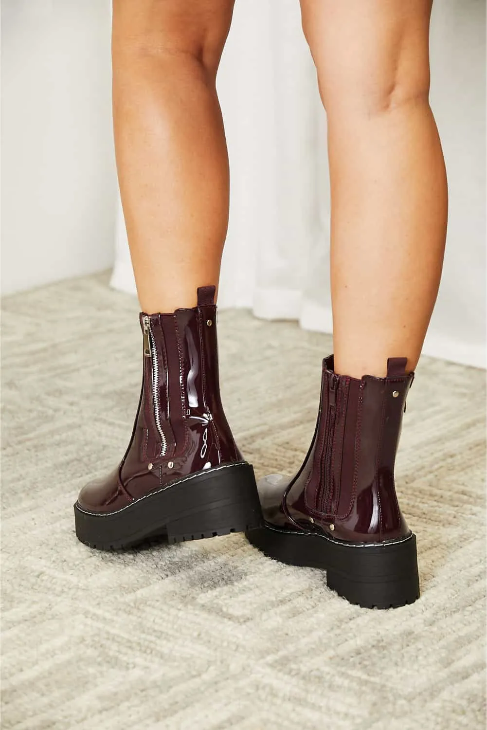 Side Zip Platform Boots In Wine