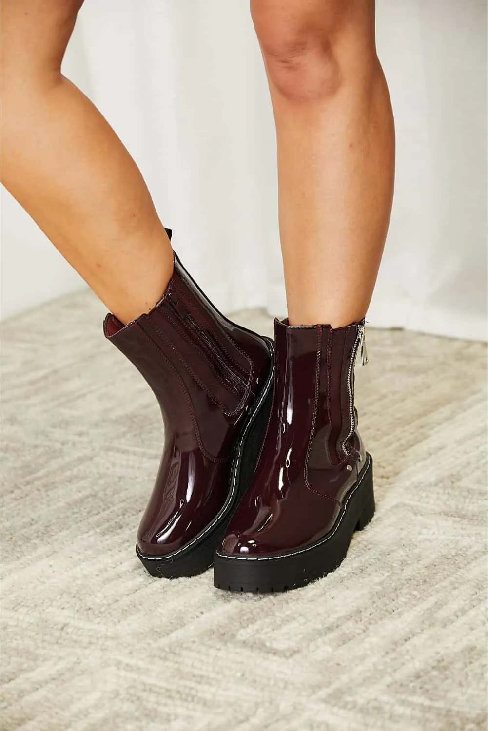 Side Zip Platform Boots In Wine