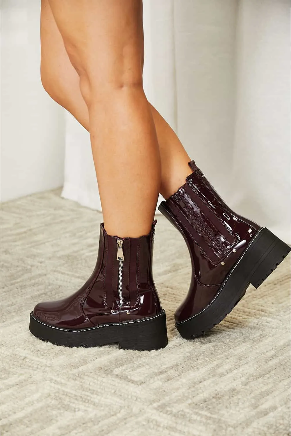 Side Zip Platform Boots In Wine