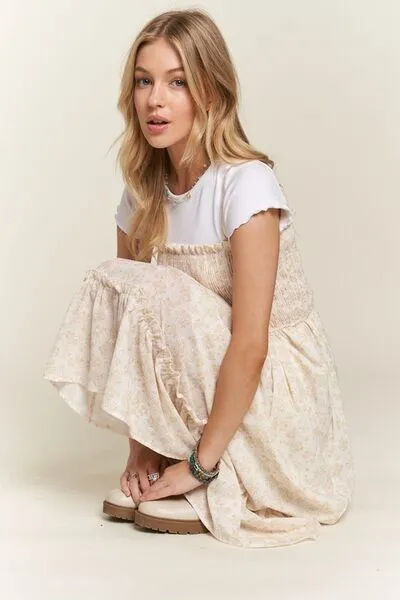 Smocked Floral Ruffled Hem Cami Dress in Apricot