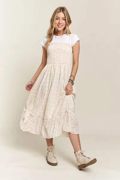 Smocked Floral Ruffled Hem Cami Dress in Apricot