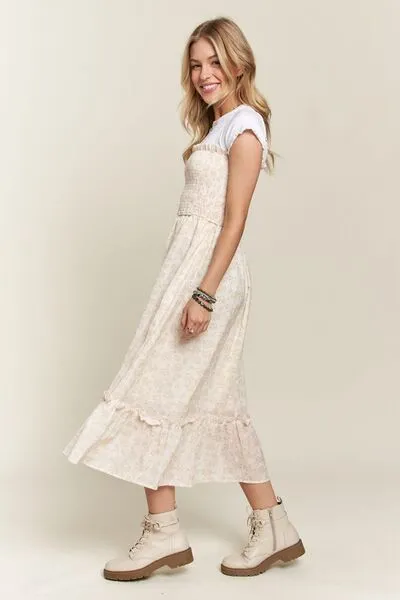 Smocked Floral Ruffled Hem Cami Dress in Apricot