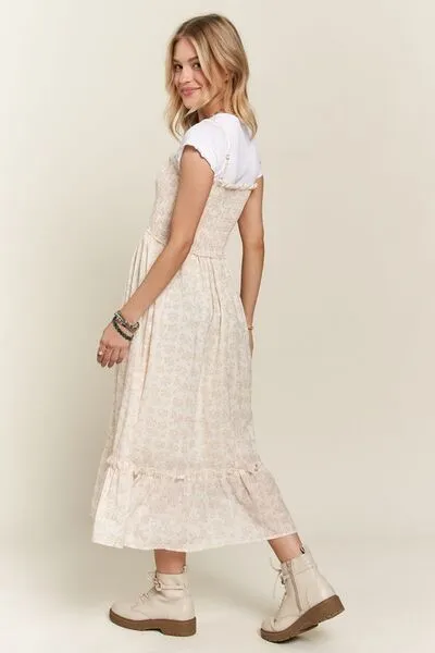 Smocked Floral Ruffled Hem Cami Dress in Apricot