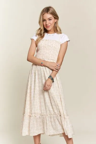 Smocked Floral Ruffled Hem Cami Dress in Apricot