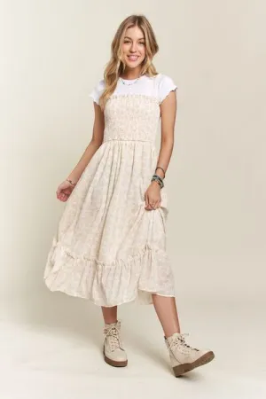 Smocked Floral Ruffled Hem Cami Dress in Apricot