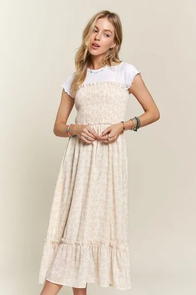 Smocked Floral Ruffled Hem Cami Dress in Apricot