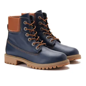Women Genuine Leather Lace Up Half Boots - Navy BLue