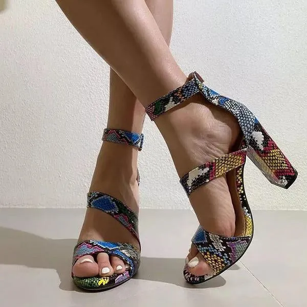 Women's Fashion Snake Print Buckle High Heel Sandals 82764622S